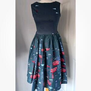 Vintage Style Lindy Bop Blue Red London Traffic Bus Audrey Dress Uk16/US12 NEW